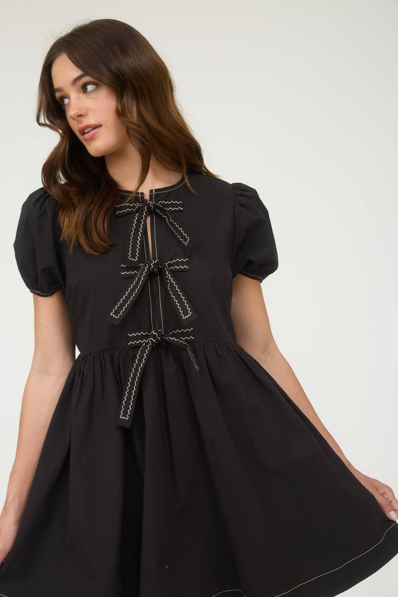 Front Tie Puff Sleeve Babydoll Mini Dress