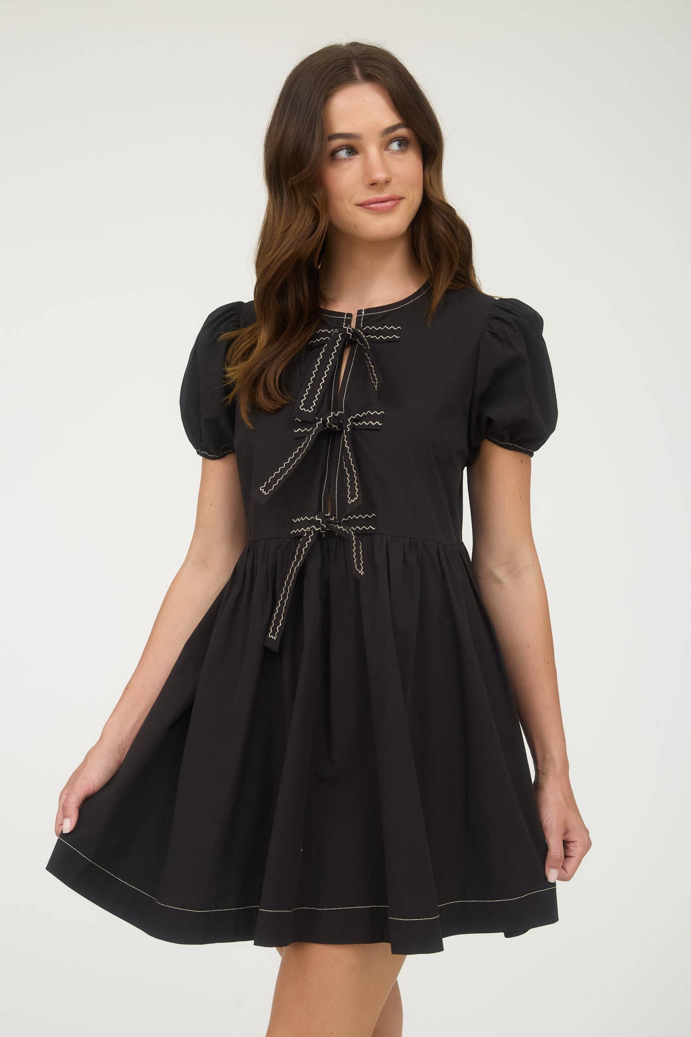 Front Tie Puff Sleeve Babydoll Mini Dress