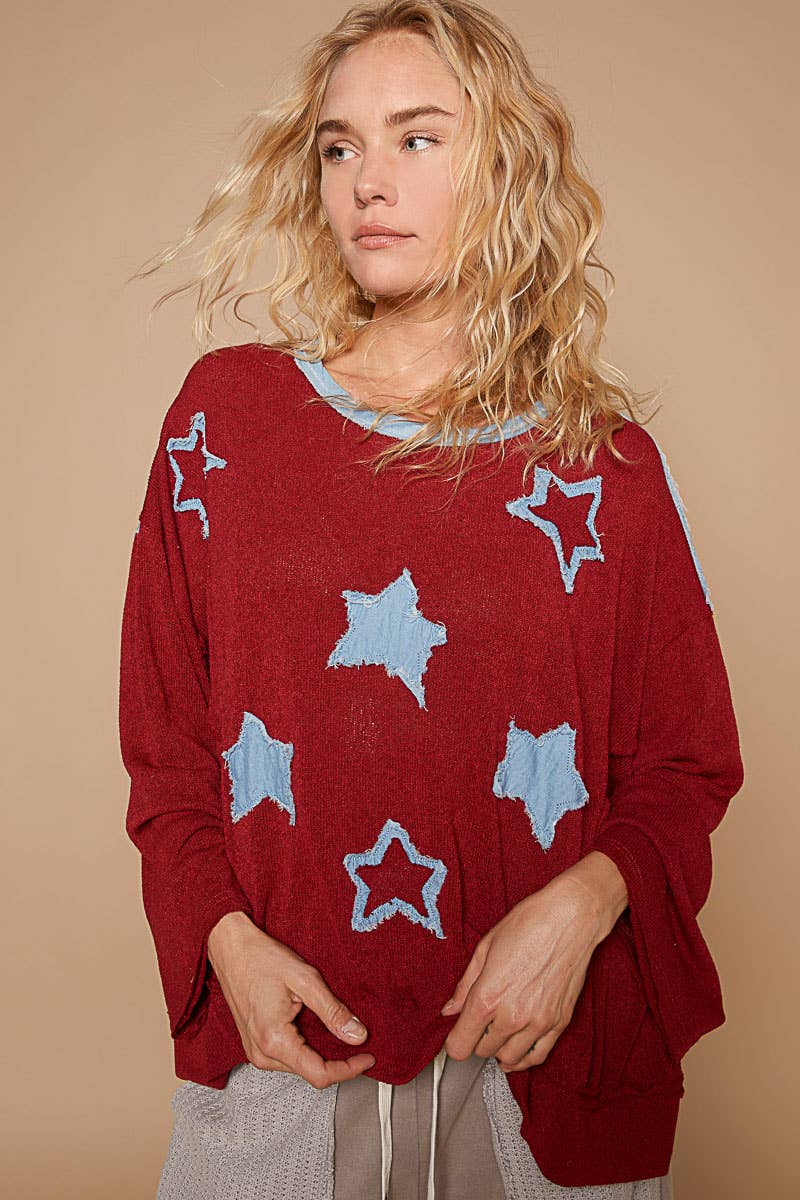 Denim Star Patch Relaxed Long Sleeve Top