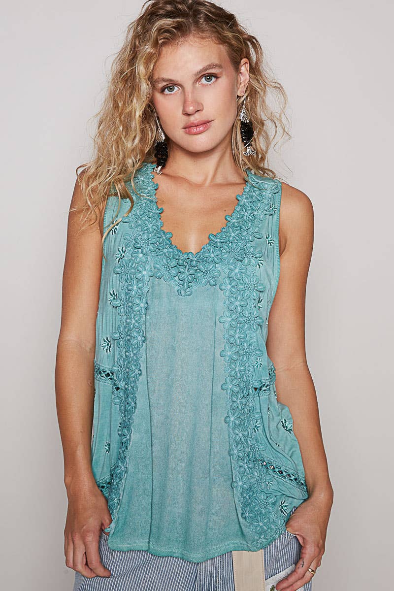 Sleeveless contrast floral lace crochet detail v-neck top