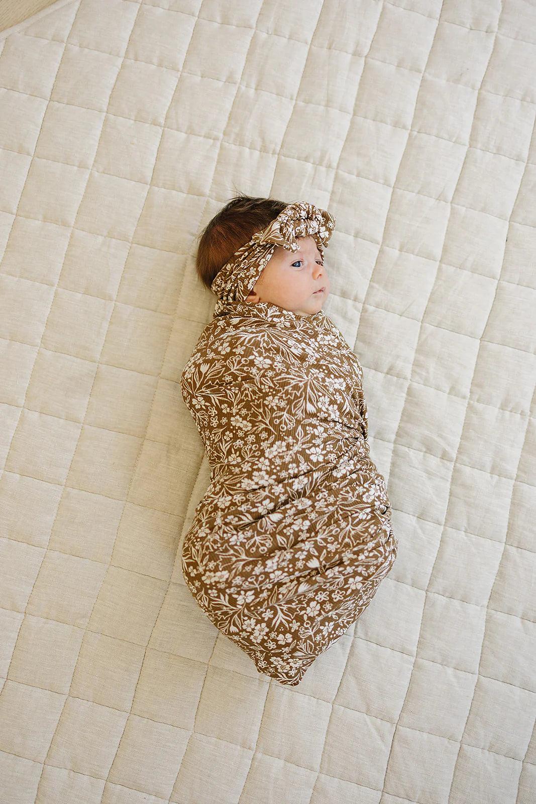 Brown Floral Ribbed Bamboo Swaddle