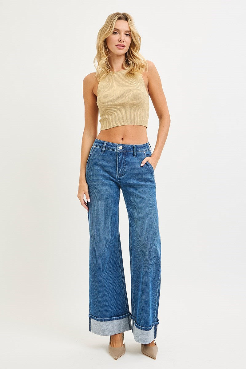 Wide Leg Cuffed Jeans