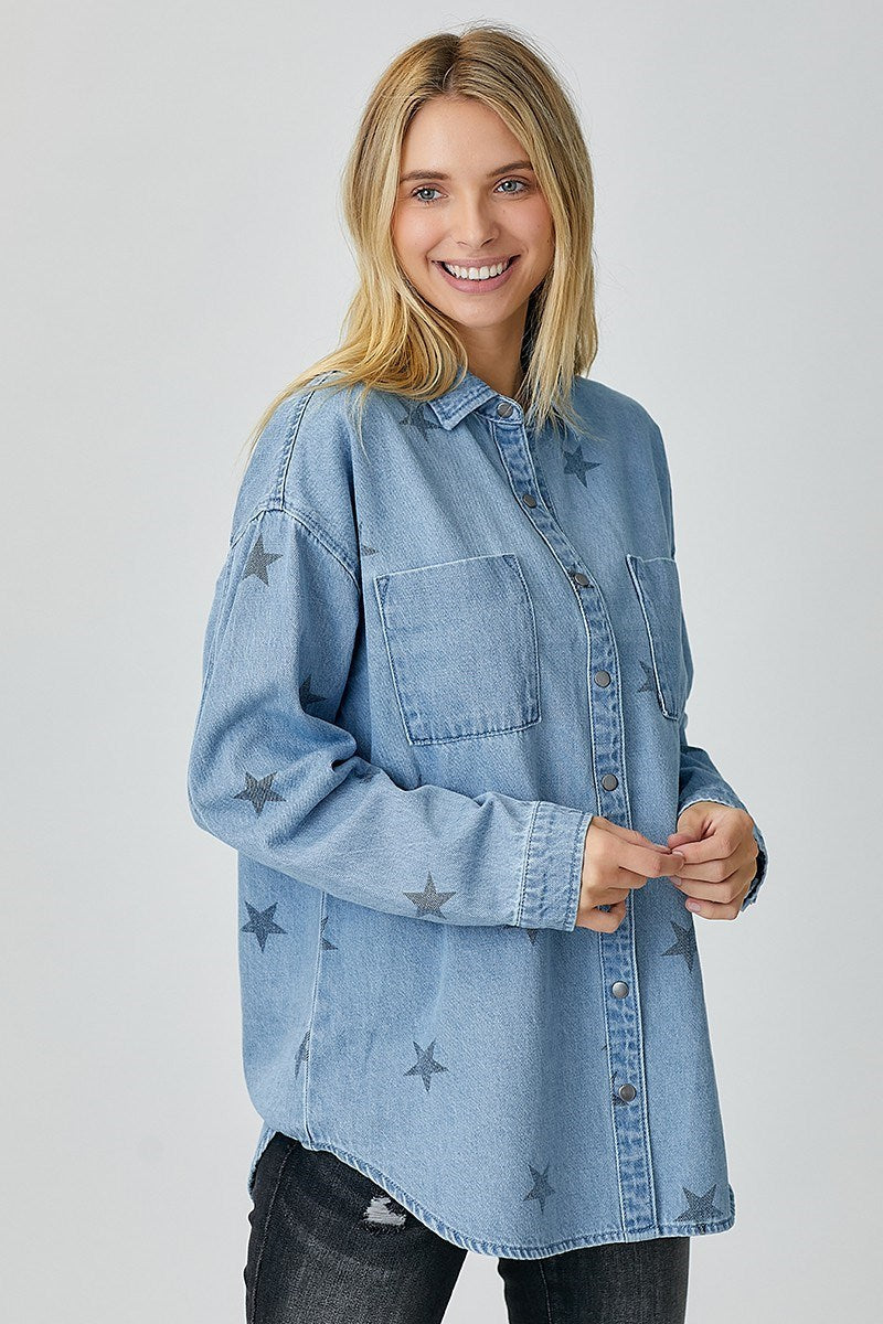 Oversized Star Print Denim Button Down