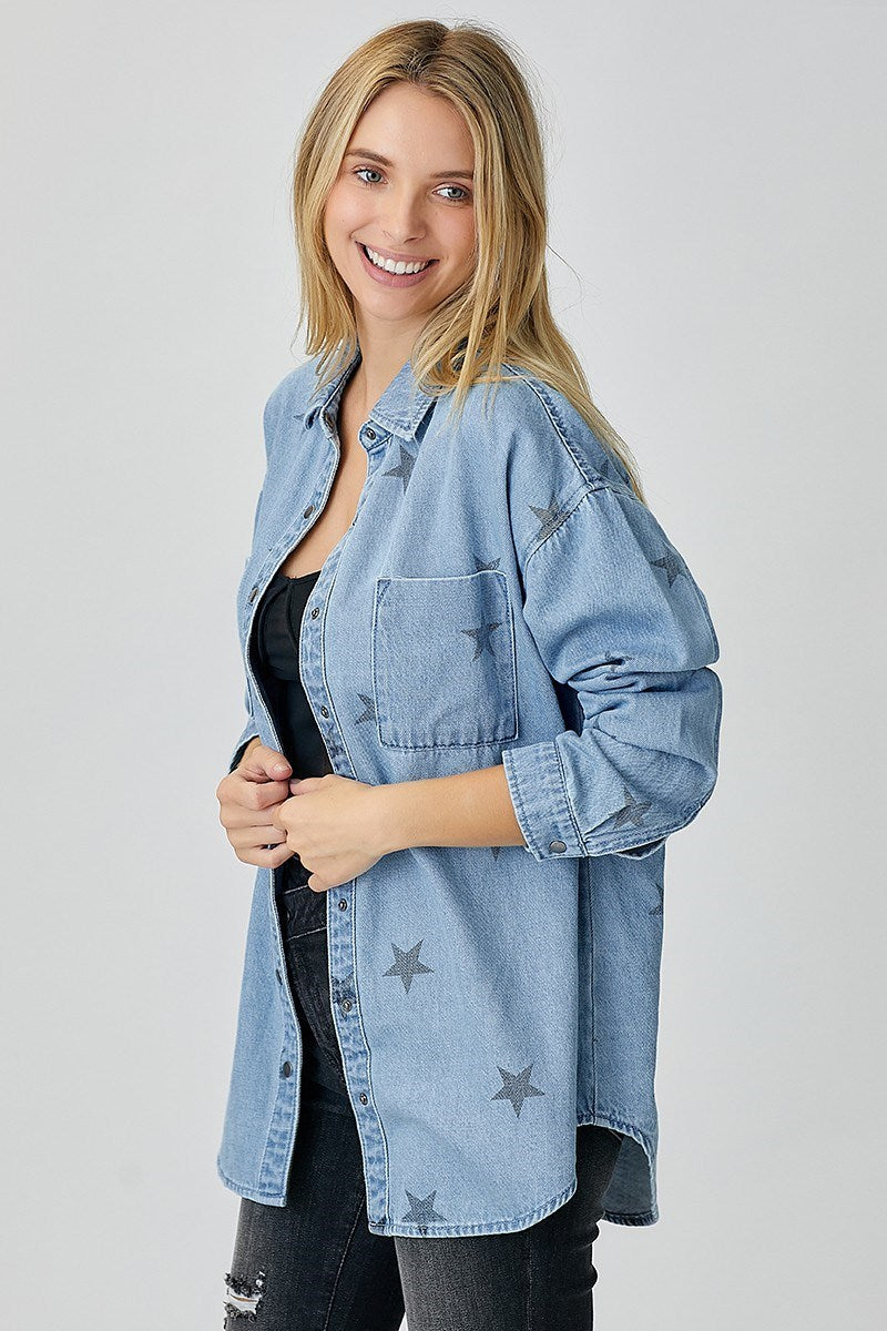 Oversized Star Print Denim Button Down
