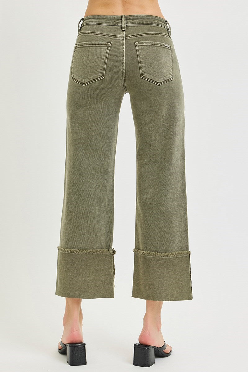 Mid Rise Crop Wide Leg Cuff Tummy Control