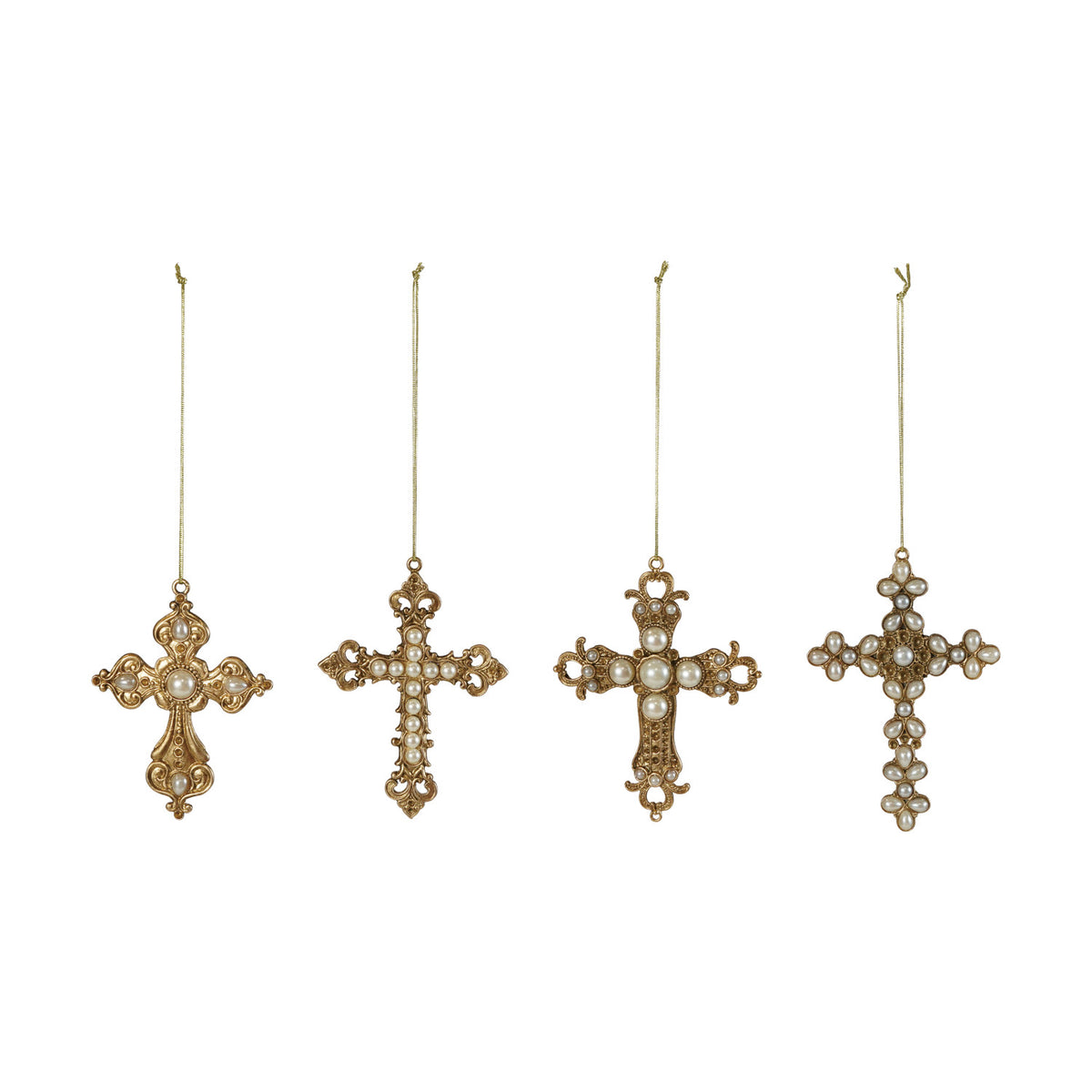 Gold pewter cross ornament with faux pearls, view 2