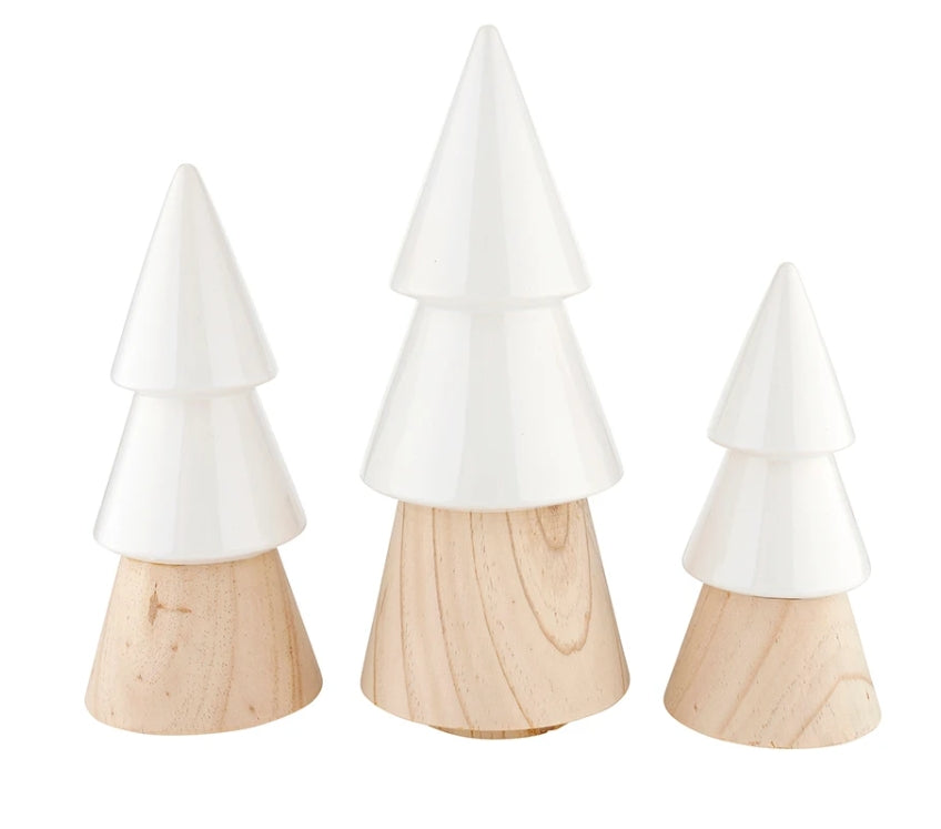 Ceramic top wood Christmas trees, set of 3