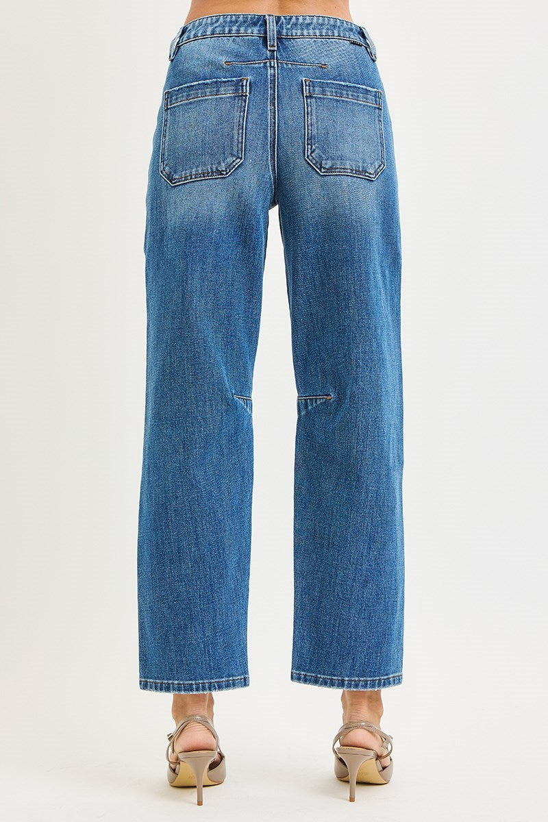 4 WAY STRETCH MID RISE BARREL LEG JEANS WITH PATCH POCKET DETAIL