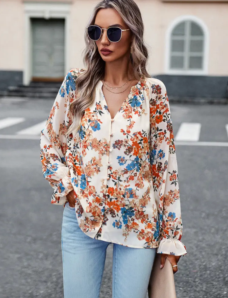 LoveSoft Apricot Floral Print V-Neck Long-Sleeved Loose Shirt Top