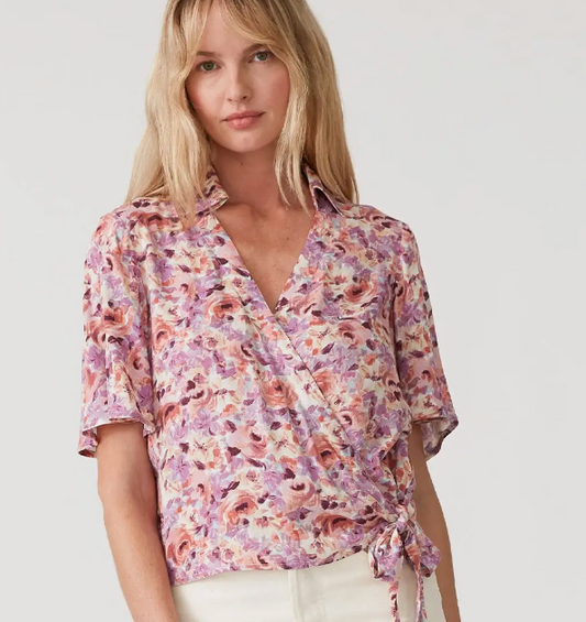 Lovestitch Floral Flutter Sleeve Collared Wrap Top