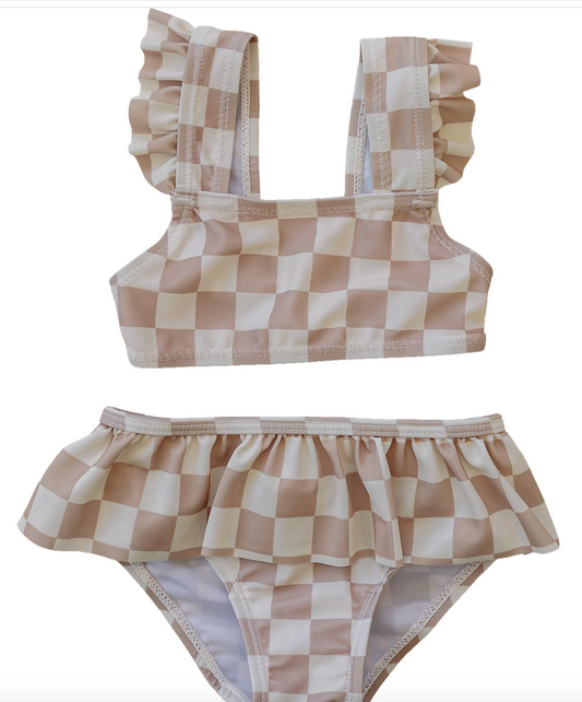 Mebie Baby Taupe Checkered Ruffle Bikini Set