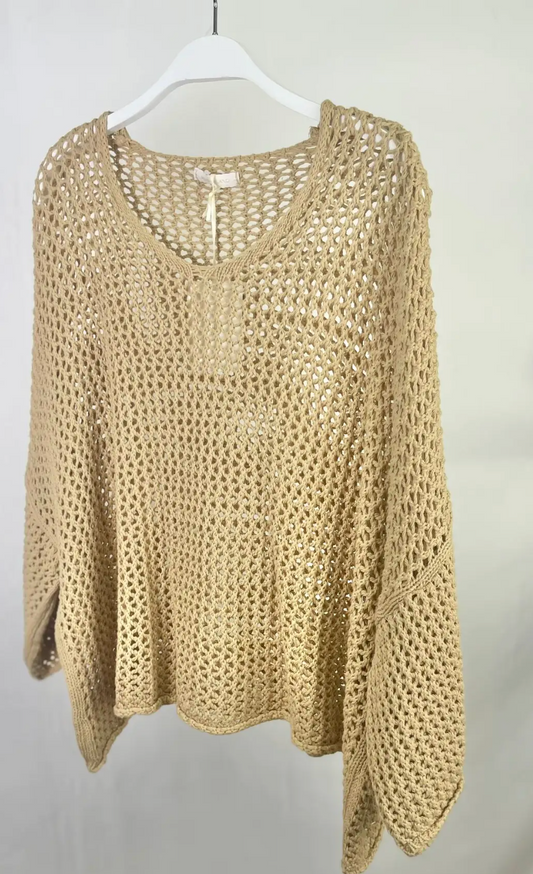 Milio Milano Camel Sleeve Drop Shoulder Cotton Crochet V-Neck