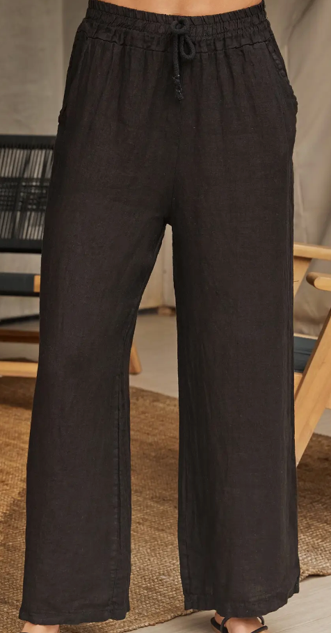 Milio Milano Black Linen Waist Tie Pants with Pockets