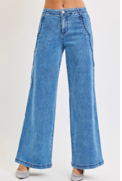 High Rise Wide Leg Jeans with Scalloped Edge Detail