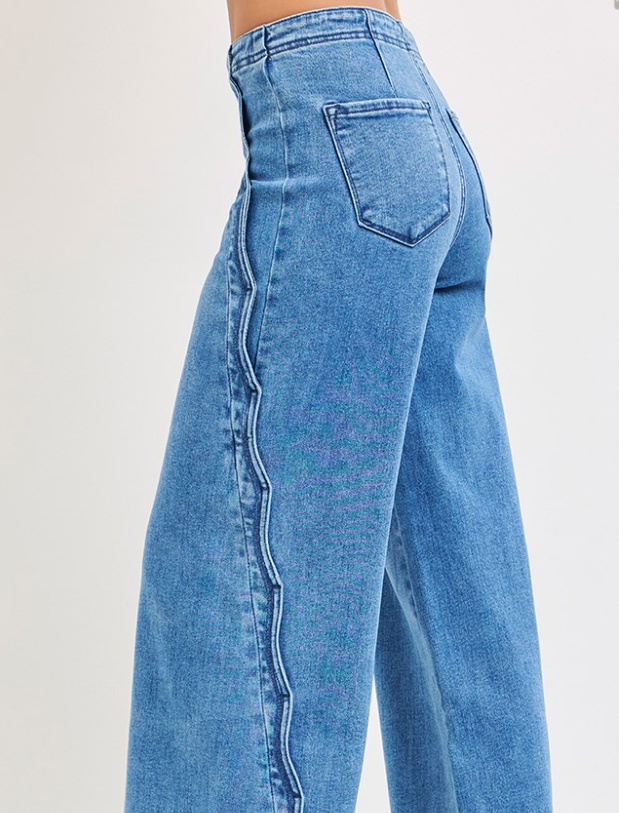 High Rise Wide Leg Jeans with Scalloped Edge Detail