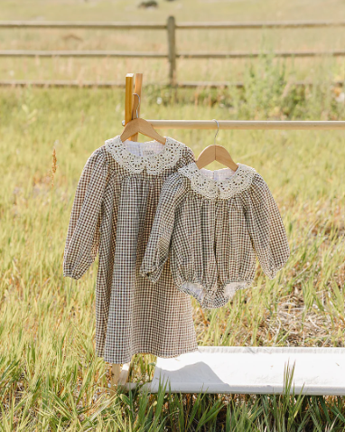 Camel Gingham Lace Bubble Romper