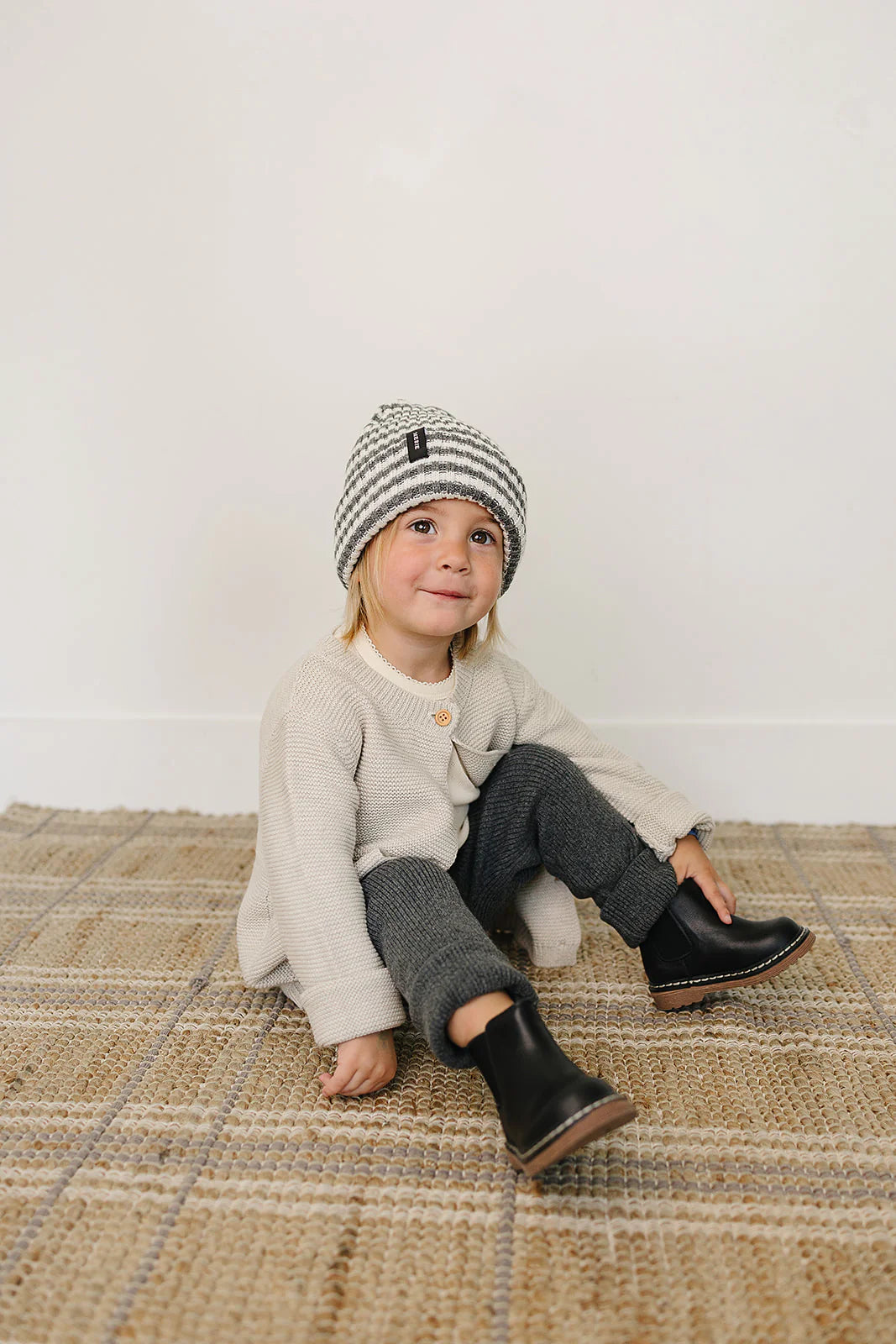 Grey & White Stripe Chunky Knit Beanie