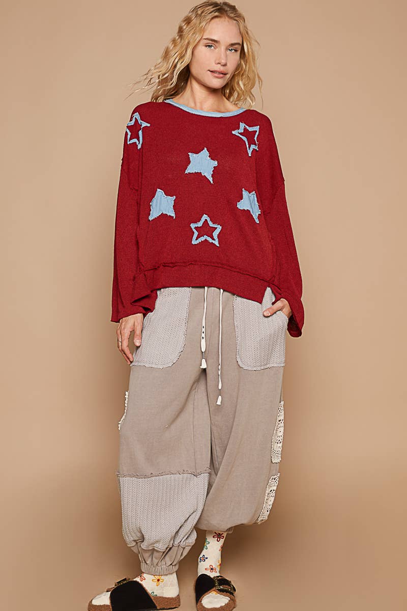 Denim Star Patch Relaxed Long Sleeve Top
