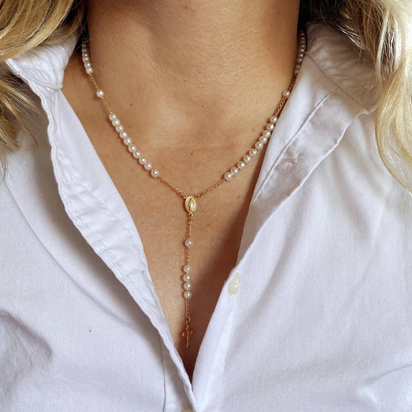 Our Lady of Graces Pearl Rosary Necklace