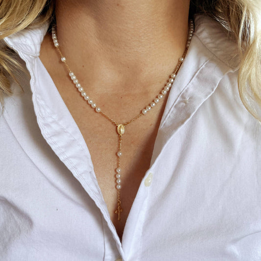Our Lady of Graces Pearl Rosary Necklace