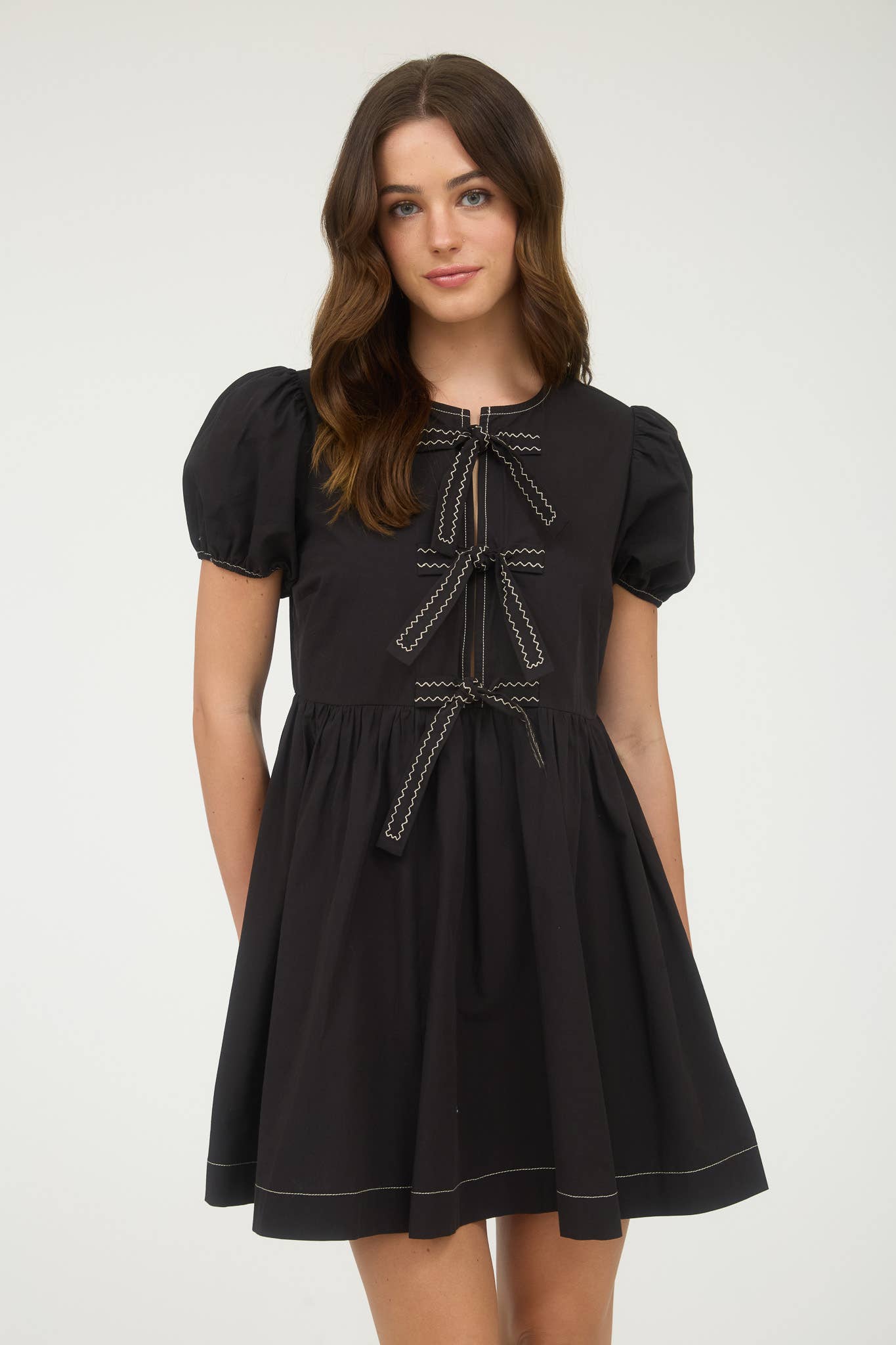 Front Tie Puff Sleeve Babydoll Mini Dress