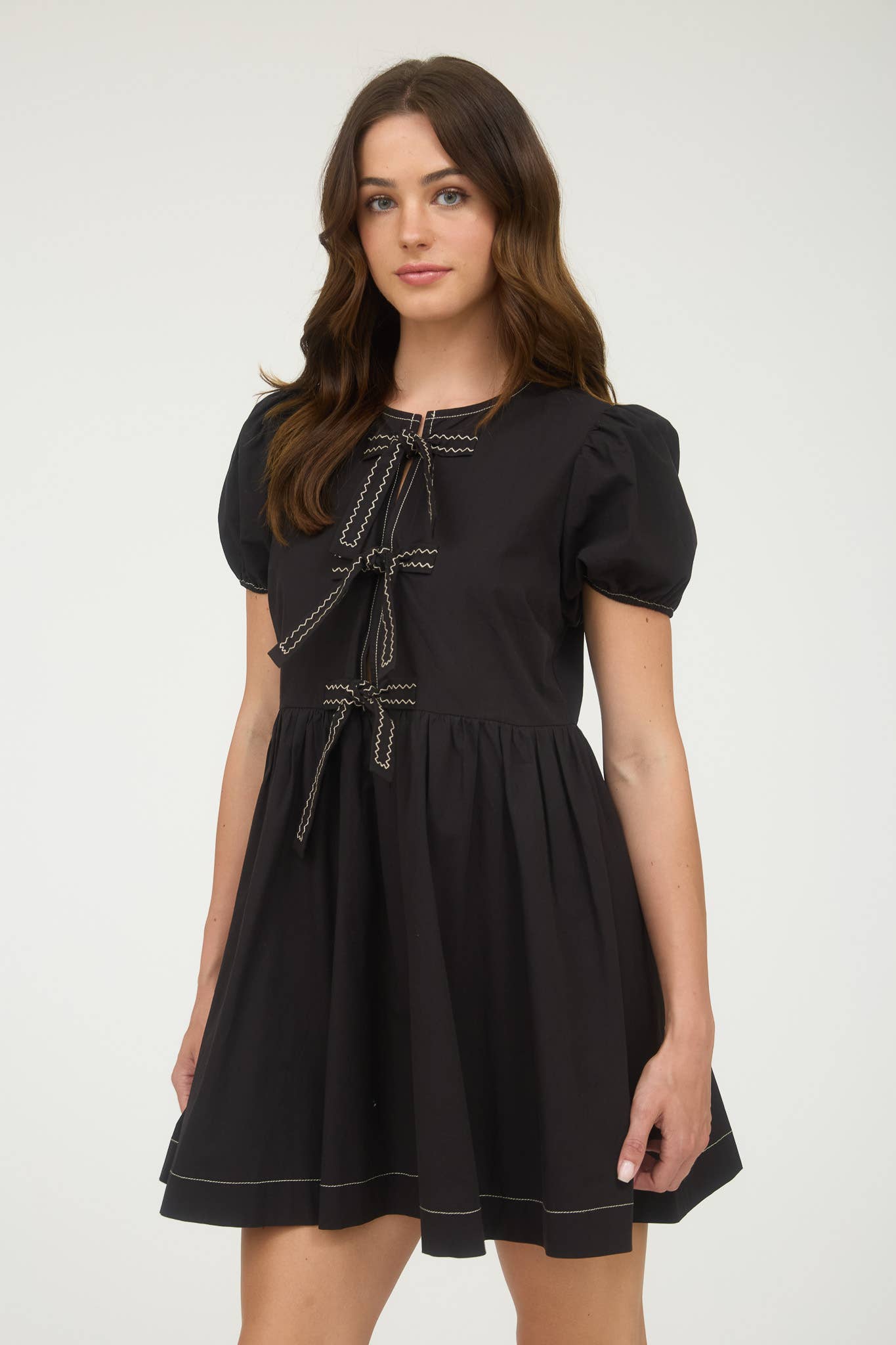 Front Tie Puff Sleeve Babydoll Mini Dress