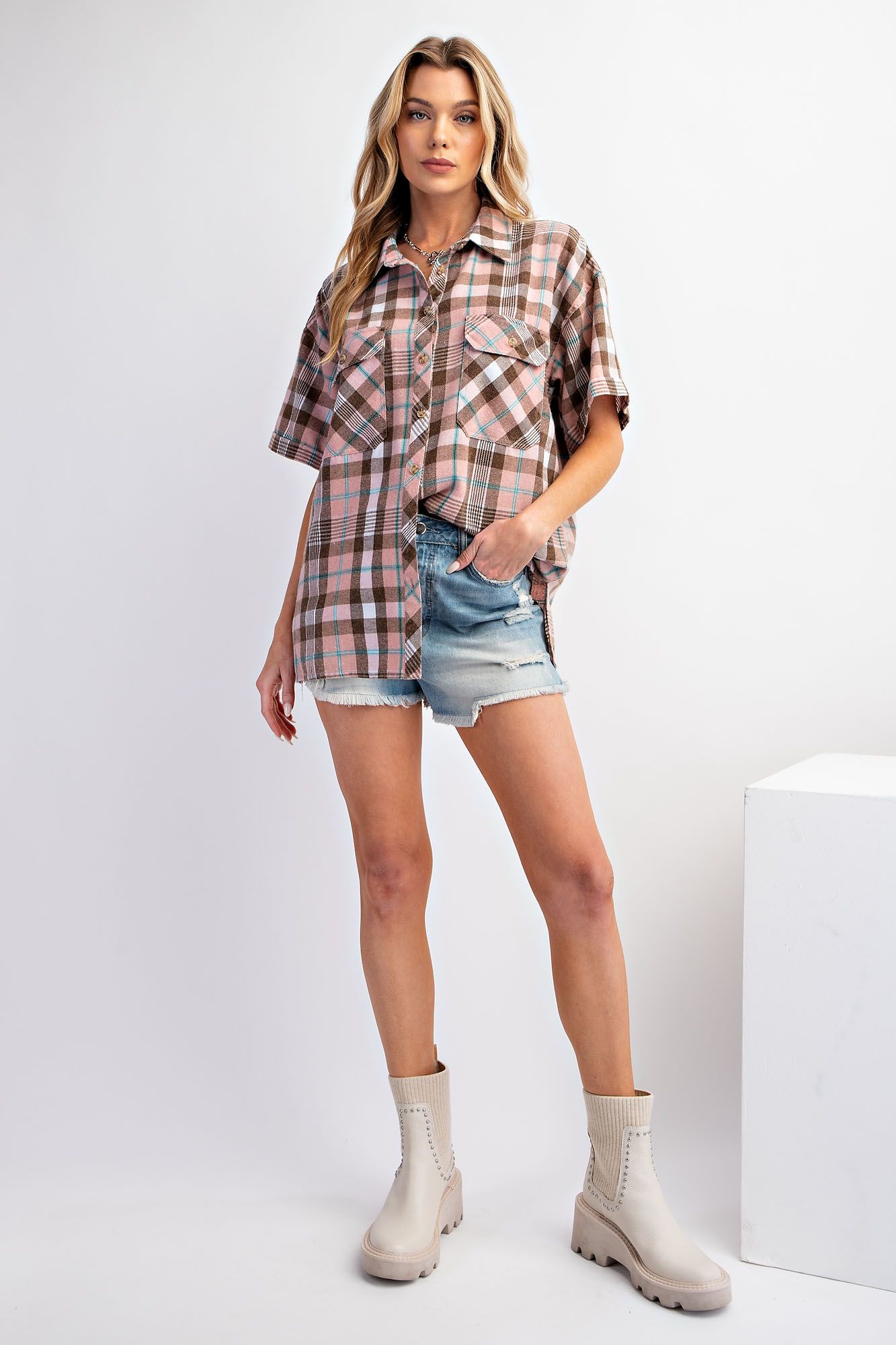 Short Sleeve Plaid Button Down
