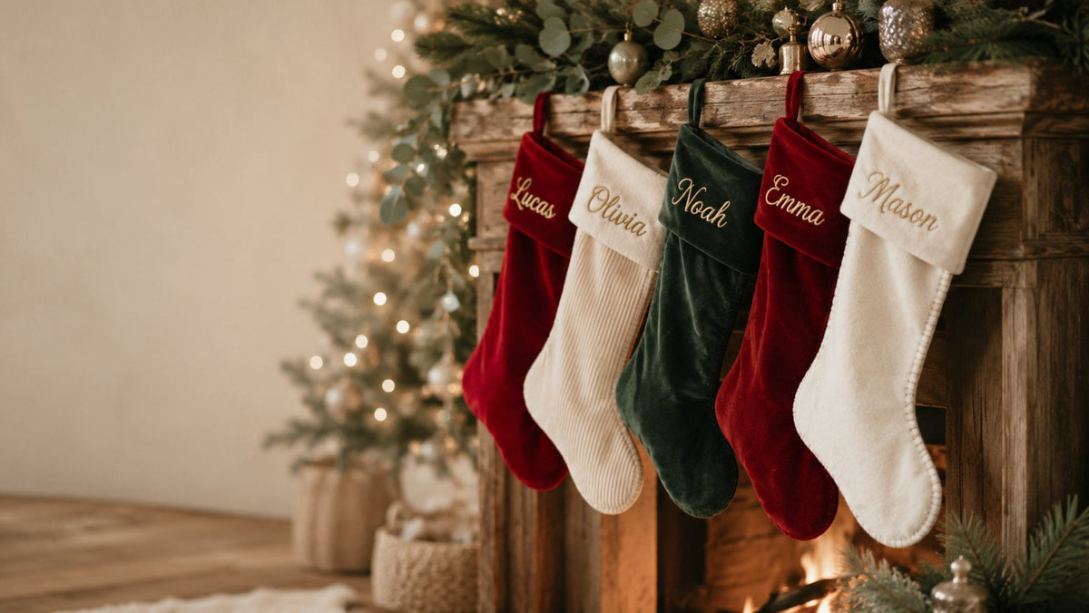 Personalized Christmas stockings hung by the fireplace | Pencie & Ginger