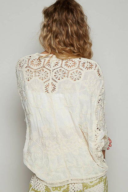 Crochet V-neck Woven Loose Fit Cardigan in Grey