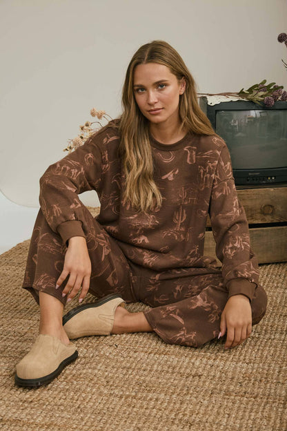WESTERN PRINT CREW NECK LONG SLEEVE KNIT TOP0