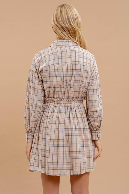 Plaid Button Down Dress - Beige Multi