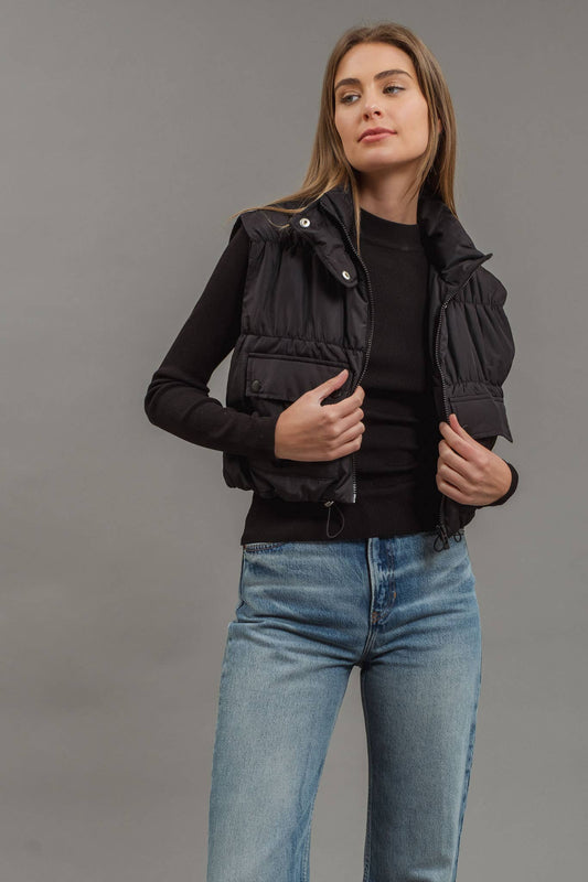 Cropped Zip-Up Cargo Puffer Vest