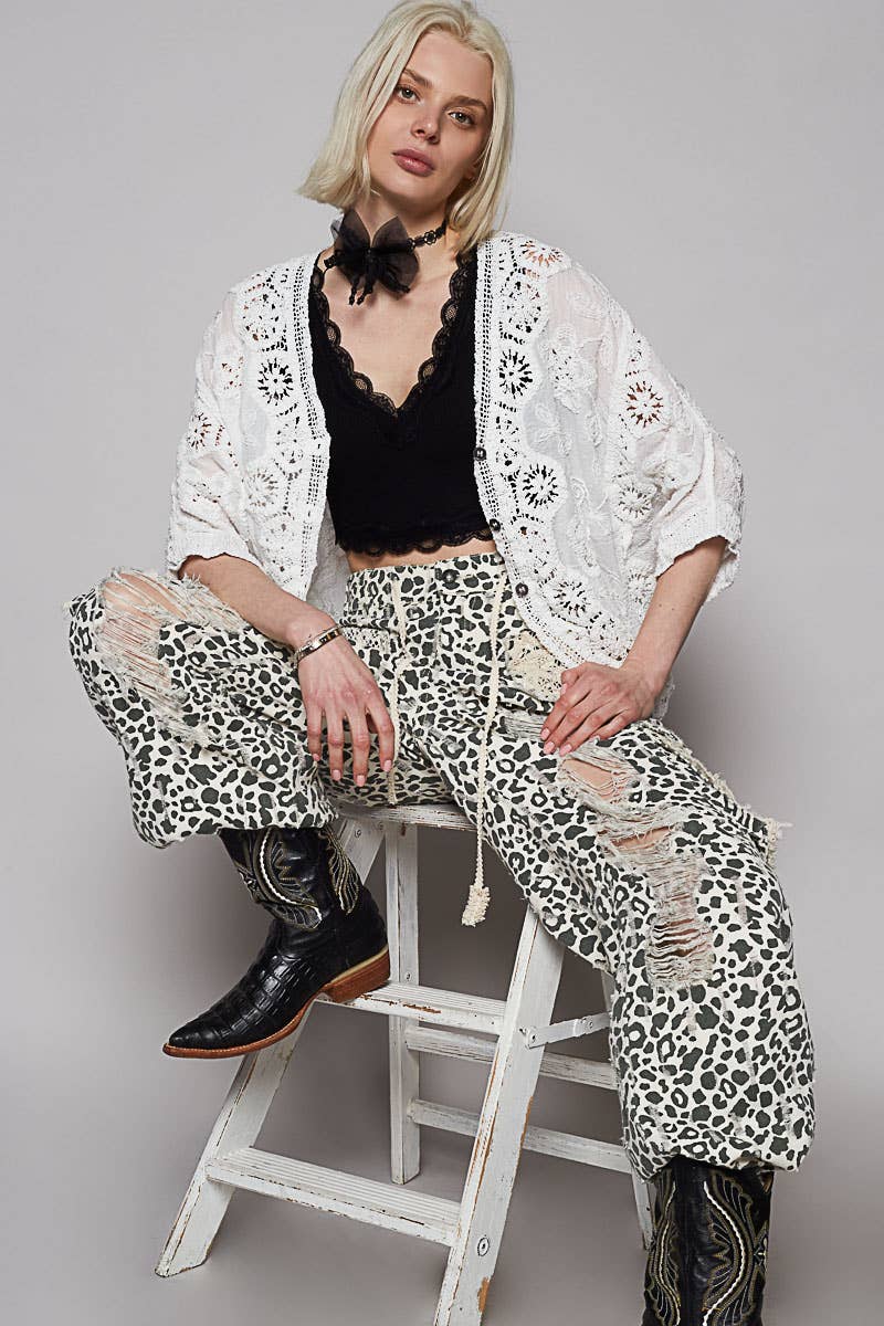 Crochet V-neck Woven Loose Fit Cardigan in Grey