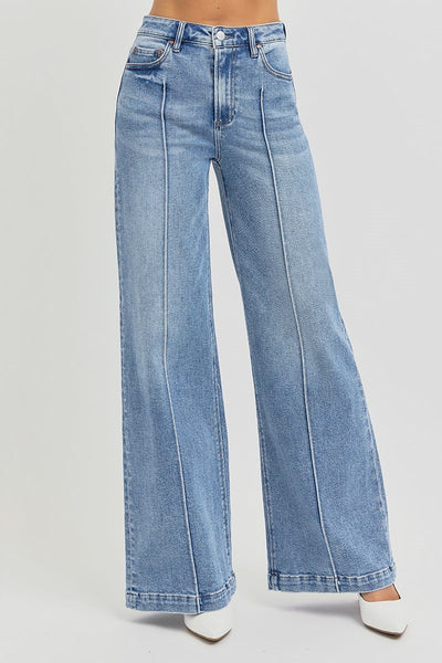 High Rise Pin Tuck Wide Leg Jeans