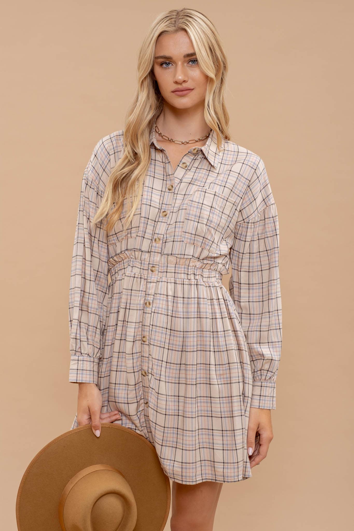 Plaid Button Down Dress - Beige Multi