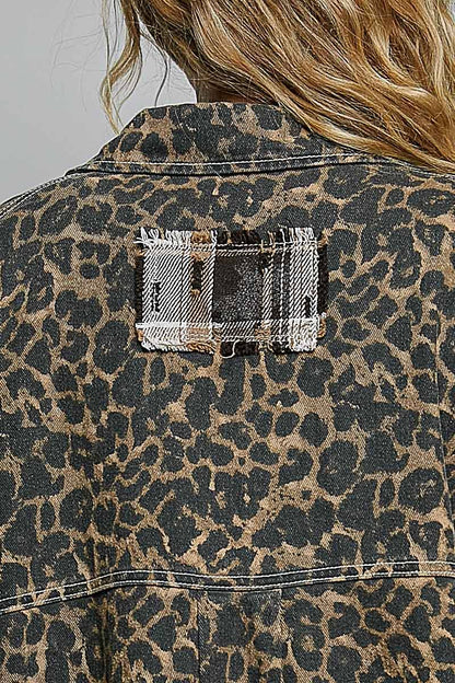 Leopard and Plaid Pattern Raw-Edge Fringe Trim Shirt Jacket