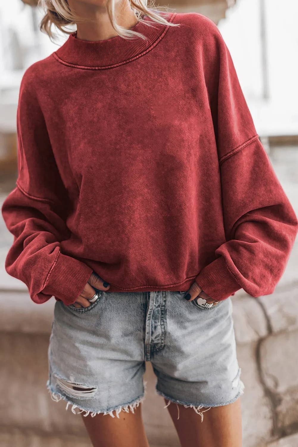 Wine Drop Shoulder Crewneck Pullover Sweatshirt