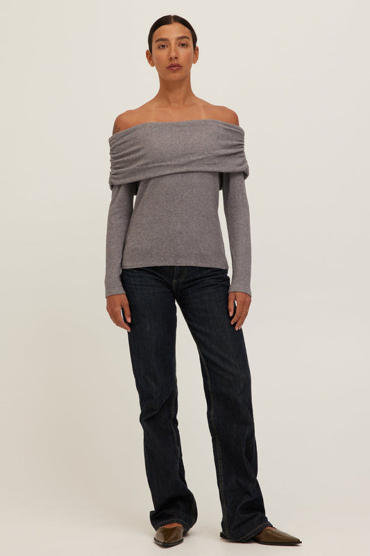 Project Social T Studio City off shoulder long sleeve top in heather grey | Pencie & Ginger