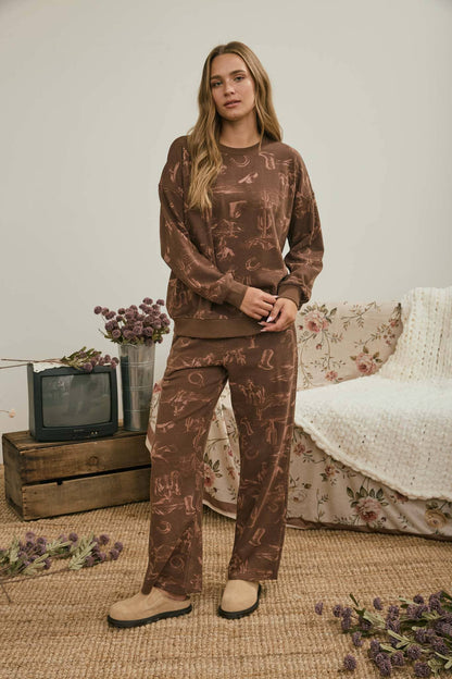 WESTERN PRINT CREW NECK LONG SLEEVE KNIT TOP0
