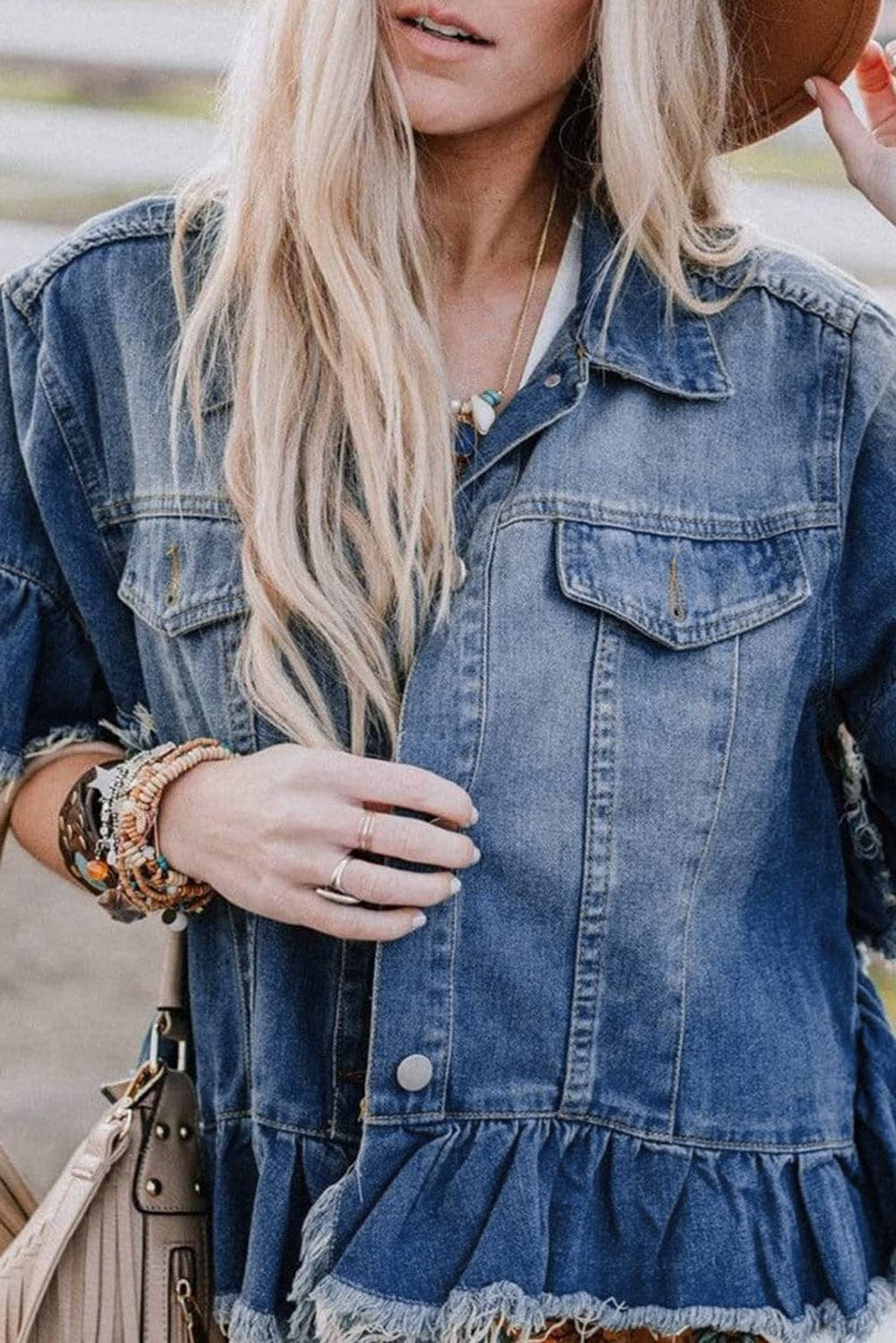 Raw Edge Ruffled Short Sleeve Denim Jacket