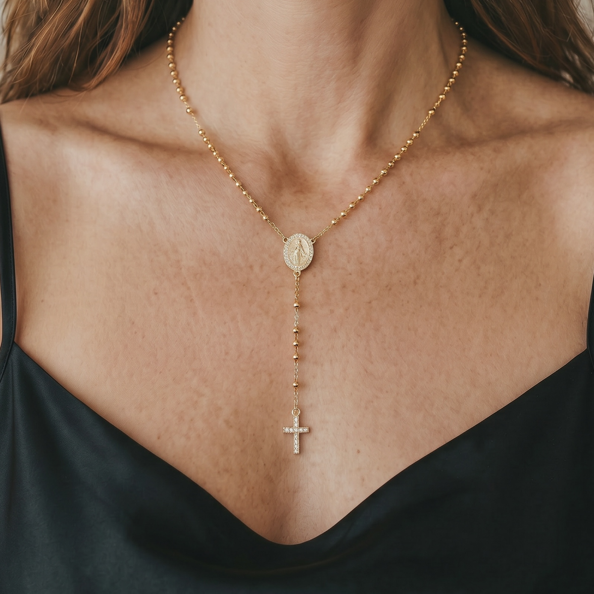 18k gold filled CZ Lady of Grace rosary necklace view 2