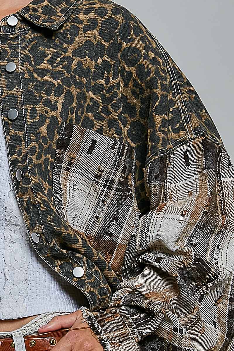 Leopard and Plaid Pattern Raw-Edge Fringe Trim Shirt Jacket