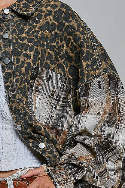 Leopard and Plaid Pattern Raw-Edge Fringe Trim Shirt Jacket