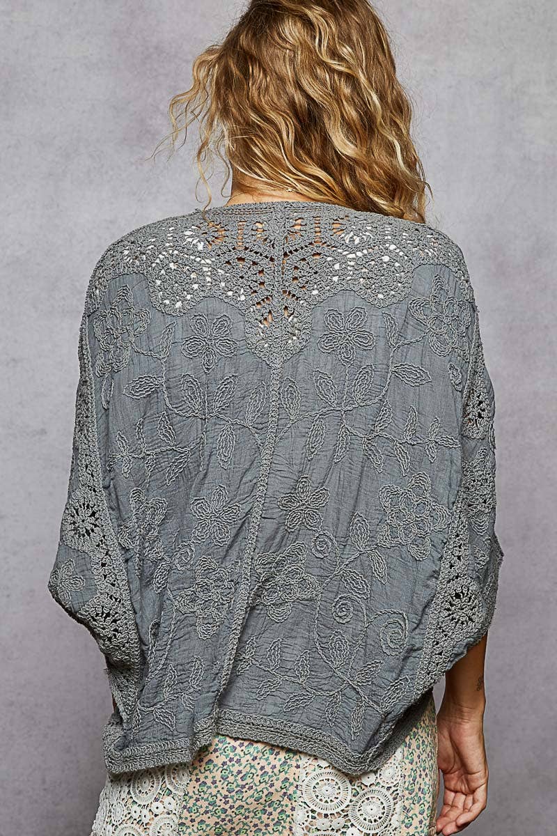 Crochet V-neck Woven Loose Fit Cardigan in Grey