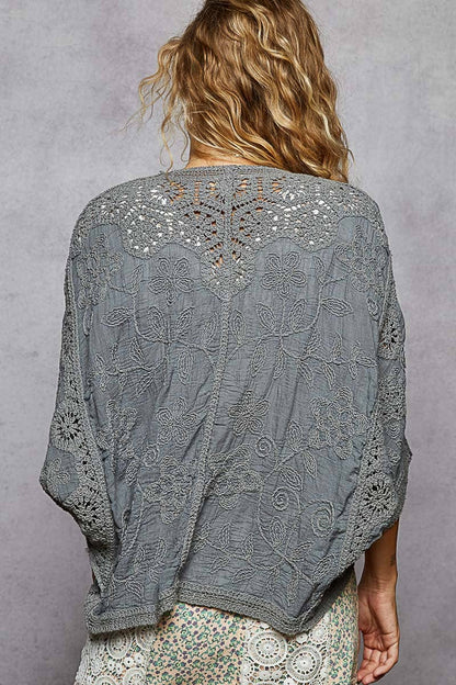 Crochet V-neck Woven Loose Fit Cardigan in Grey