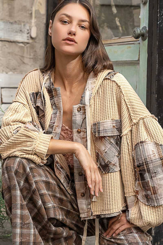 Plaid Hooded Knit Jacket - Brown Sugar