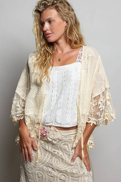 1/2 Sleeve Lace Ruffle Trim Opening Solid Crochet Cardigan
