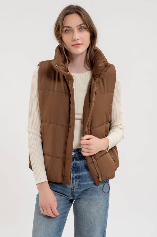 Solid Zip Up Puffer Vest - Brown