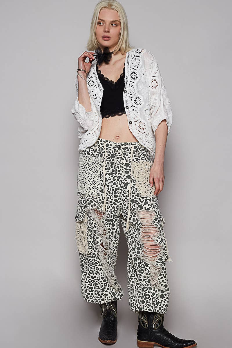 Crochet V-neck Woven Loose Fit Cardigan in Grey