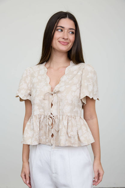 FLORAL EMBROIDERY FRONT TIE SCALLOPED PEPLUM TOP